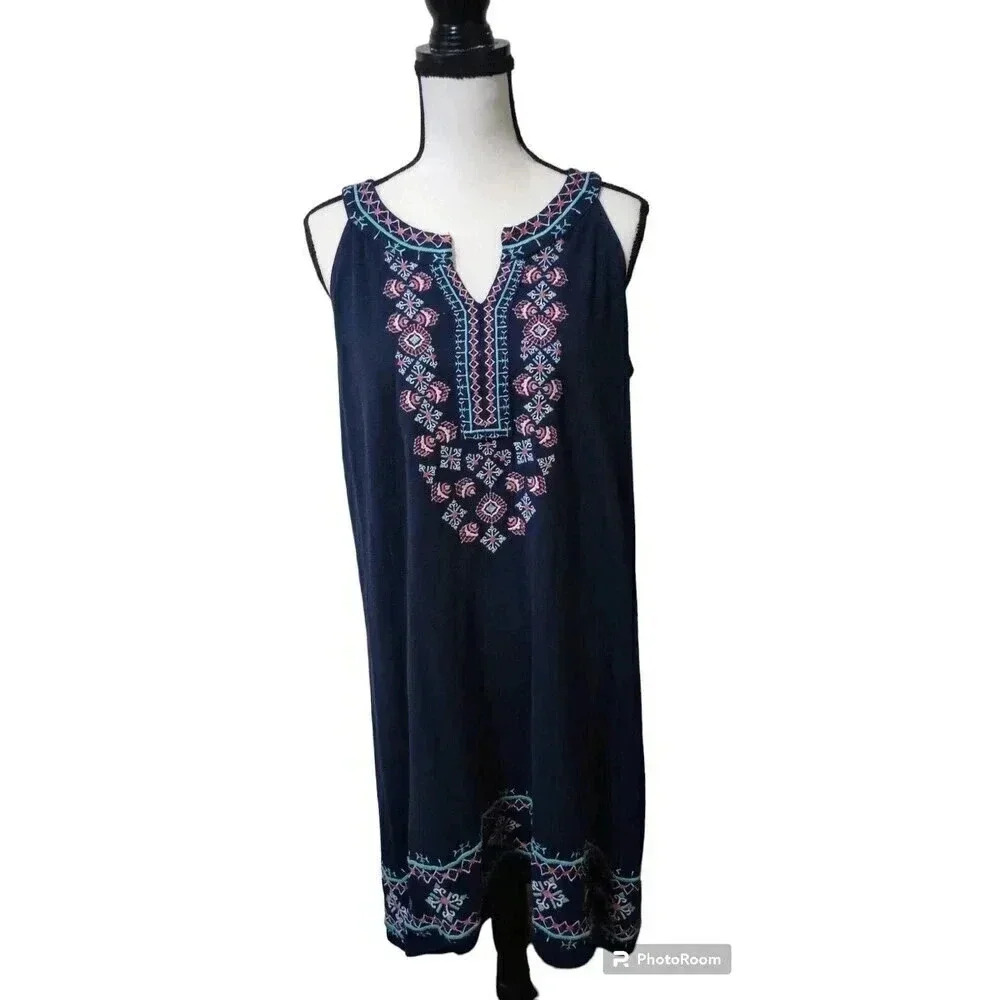 Style & Co Embroidered High Low Sleevess Dress Moroccan Blue‎ Size Medium